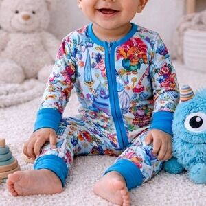 NEW Showstoppers Trolls Bamboo 6-12M Zippy Pajama Sleeper Blue Vibrant One Piece